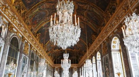 Gimbal shot of the ceiling of the hall of mirrors in the palace of versailles Stock Footage 58803605