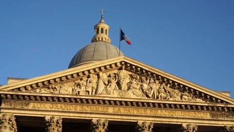 Gimbal Shot Dome Of Front Side Of Pantheon With France Flag In Paris V2 Stock Footage 113762689