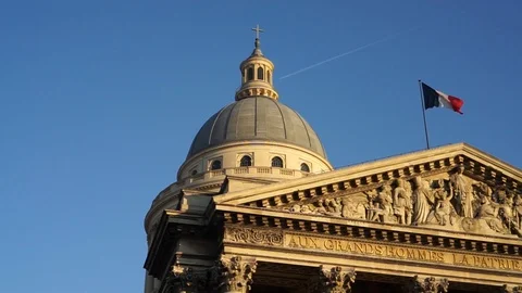 Gimbal Shot Dome Of Front Side Of Pantheon With France Flag In Paris Stock Footage 113762908