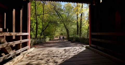 Gimbal Shot Inside Covered Bridge Revealing Outside Stock Footage 142006966
