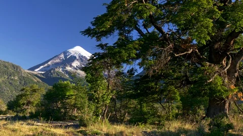 Gimbal shot of Lanin volcano in Lanin national park. Argentina, Patagonia, Lake Video stock 102946341