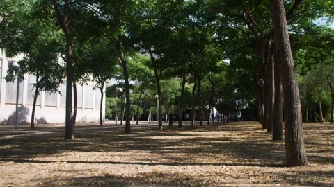Gimbal Smooth Shot of Parc Central del Poblenou in Barcelona with Lush Trees Stock Footage 294493321