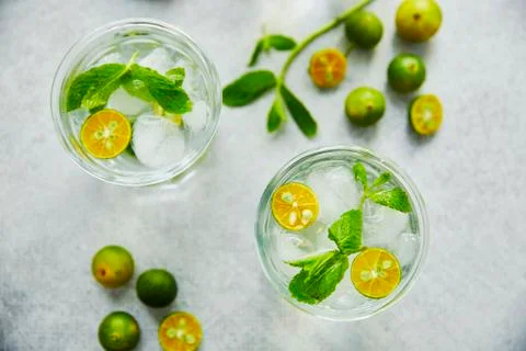 Gin and tonic cocktail with fresh mint and calamondin Stock Photos