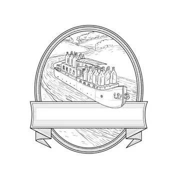 Gin Bottles on Barge River Oval Line Drawing. Stock Illustration