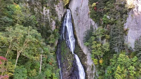 Ginga Waterfall | Scenic View | Changing Leaves | Cliff | Early Autumn Stock Footage 329050012