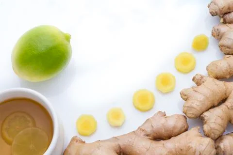 Ginger and lemon on the table seen from above Stock Photos