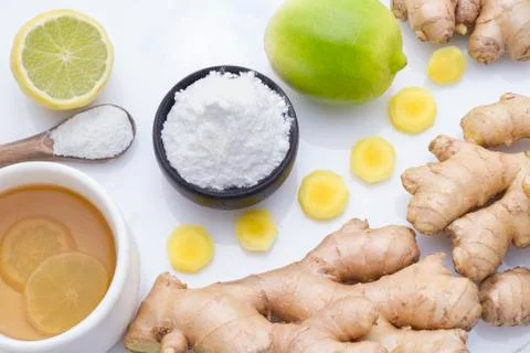 Ginger and lemon on the table seen from above Stock Photos