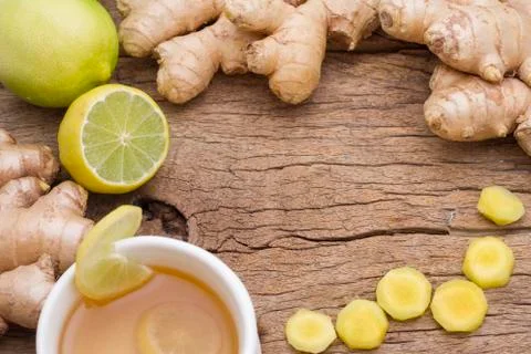 Ginger and lemon on the table seen from above Stock Photos