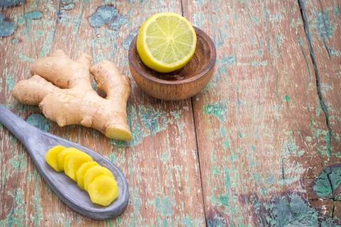 Ginger and lemon on the table seen from above Stock Photos