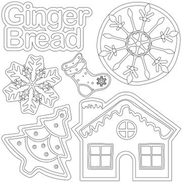 Ginger bread black and white poster - house, shoe, xmas tree, snowflake. Illustrazione stock