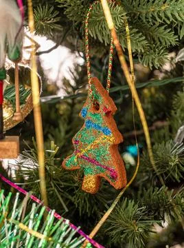 Ginger bread cookie tree decoration on Christmas tree brench Stock Photos