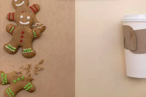 Ginger bread cookies on craft background. Christmas coffee mockup. Top view. Stock Photos