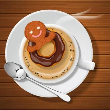 Ginger bread with doughnut in cup of hot coffee Stock Illustration