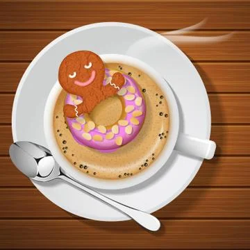 Ginger bread with doughnut in cup of hot coffee Stock Illustration
