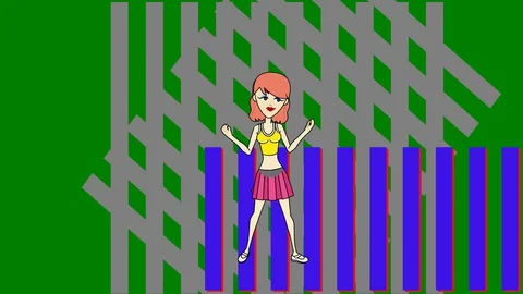 Ginger Cartoon Girl Dancing with Additional Square Designs (Loop): Green Screen Video stock 128543842
