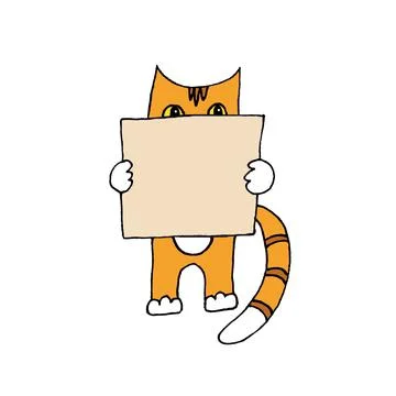 Ginger Cat With Board Illustration, copy space, graphic drawing on white Illustrazione stock