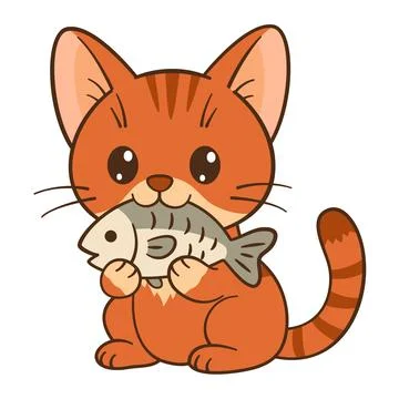 Ginger cat eats fish. Cute ginger tabby kitten in cartoon style. Flat style イラスト素材