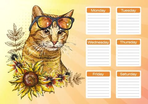 Ginger cat with flowers printable planner and school schedule vector Stock Illustration
