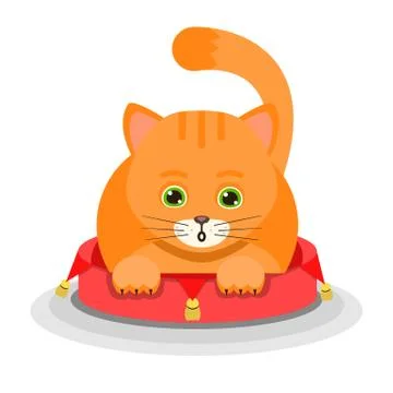 Ginger cat lying on a soft red pouffe isolated Stock Illustration