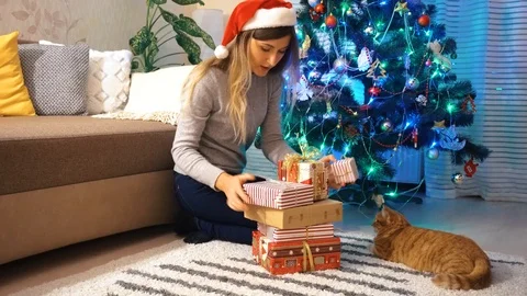 Ginger cat playing with gift box under Christmas tree. 4k Stock Footage 120874987