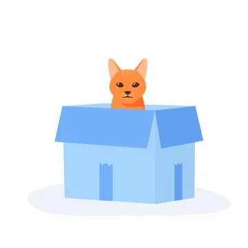Ginger cat sits in box. Cute indoor pet plays in paper case. Hiding and resting Stock Illustration