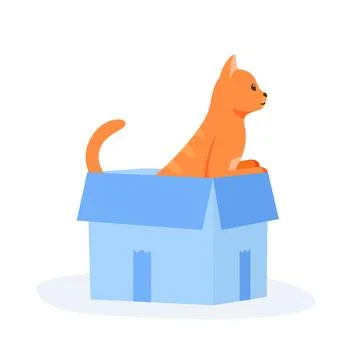 Ginger cat sits in box. Cute indoor pet plays in paper case. Hiding and resting Stock Illustration