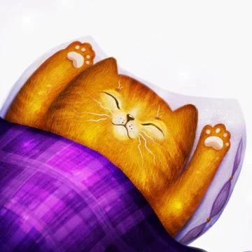Ginger cat sleeping in bed. Cozy mood, digital illustration Stock Illustration