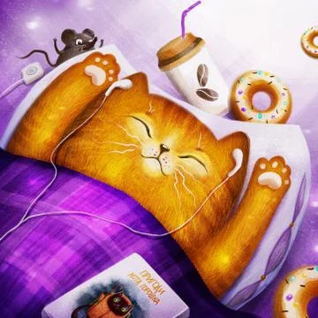 Ginger cat sleeping in bed. Cozy mood, digital illustration Stock Illustration