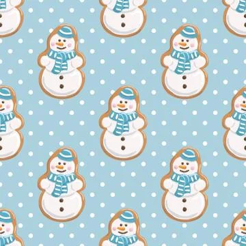 Ginger cookies seamless pattern. Christmas gingerbread on polka dot blue Stock Illustration