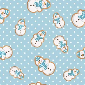 Ginger cookies seamless pattern. Christmas gingerbread on polka dot blue Stock Illustration