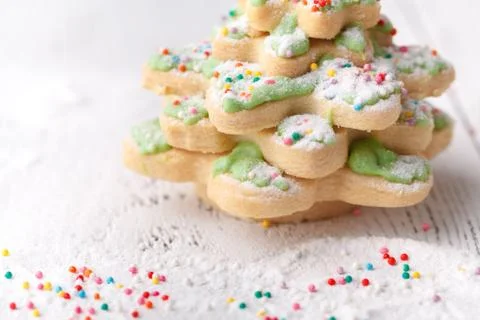 Ginger Cookies in shape of pine tree on Christmas Table Stock Photos
