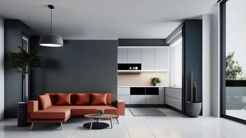 Ginger corner sofa in modern apartment with kitchen and terrace. Spacious i.. Stock Illustration