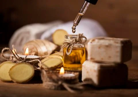 Ginger Essential oil Stock Photos