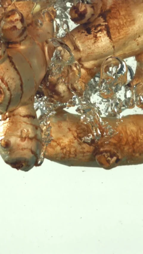 Ginger falling underwater on a white background. Filmed on a high-speed camera Stock Footage 335365441