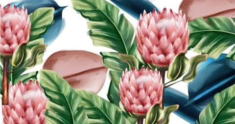 Ginger flowers tropic background Vector watercolor. Exotic banner botanic flo Stock Illustration