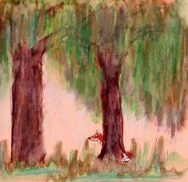 Ginger fox hiding behind a tree, graphic watercolor color drawing on a brown  Illustrazione stock