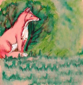 Ginger fox sits under a bush, graphic watercolor color illustration on brown  Illustrazione stock