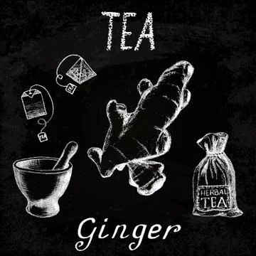 Ginger herbal tea. Chalk board set of vector elements 스톡 일러스트