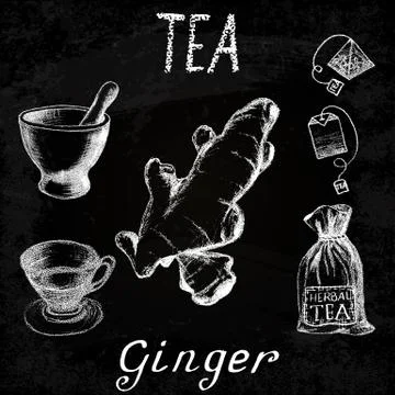 Ginger herbal tea. Chalk board set of vector elements Illustrazione stock
