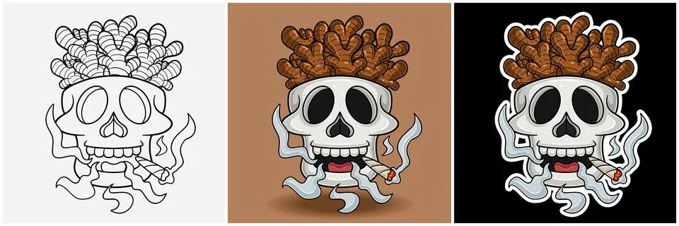 Ginger Inside Skull Head With Smoking Character Cartoon. Black White, Color.. Stock Illustration