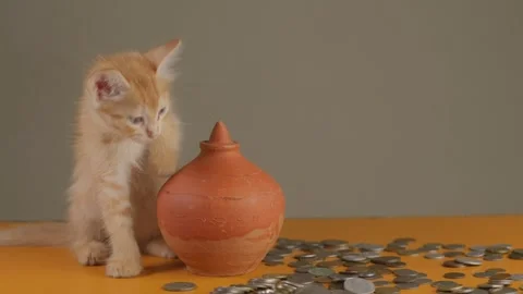 Ginger Kitten Playing Around a Clay Coin Bank with Coins on the Table Video stock 292061291