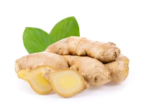 Ginger with leaf isolated on white background. depth of field Stock Photos