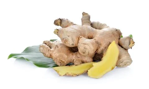 Ginger with leaf on white background Stock Photos