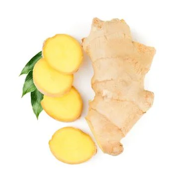 Ginger with leaves isolated on white background. Top view Stock Photos