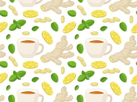Ginger lemon tea seamless pattern. Hand drawn ginger root, cup of tea, lemon Stock Illustration