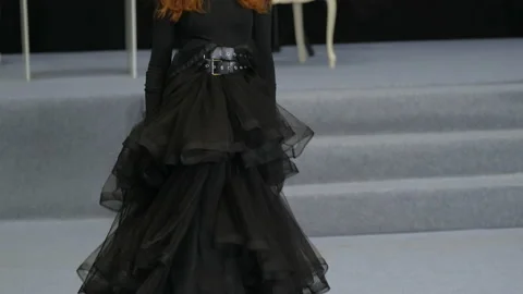 Ginger model walking on defile podium. Catwalk runway by redhead girl lace dress Stock Footage 160244882