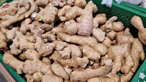 Ginger piled in a store. Vegetables for sale Stock Footage 309464862