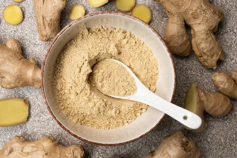 Ginger Powder, Ground Ginger Root, Top View. 写真素材
