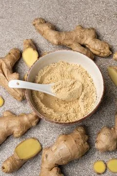 Ginger Powder, Ground Ginger Root, Top View. Stock Photos
