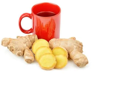 Ginger root and ginger tea isolated on white background. Free space for text. Stock Photos